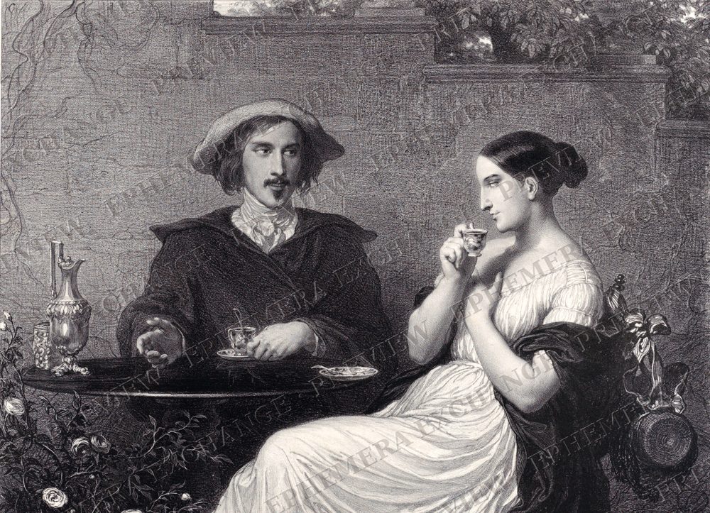 Couple at the café table, vintage coffee illustration (watermarked preview)