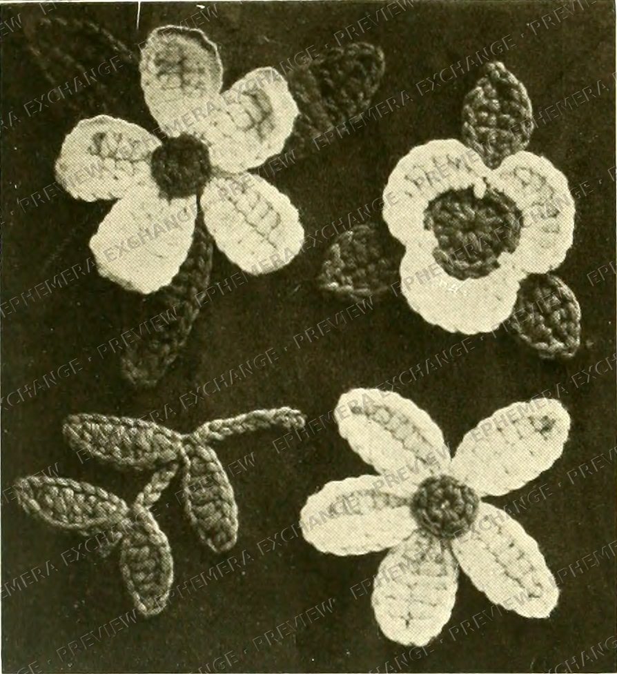 Vintage 1919 knitting photograph: crochet flowers and leaves
