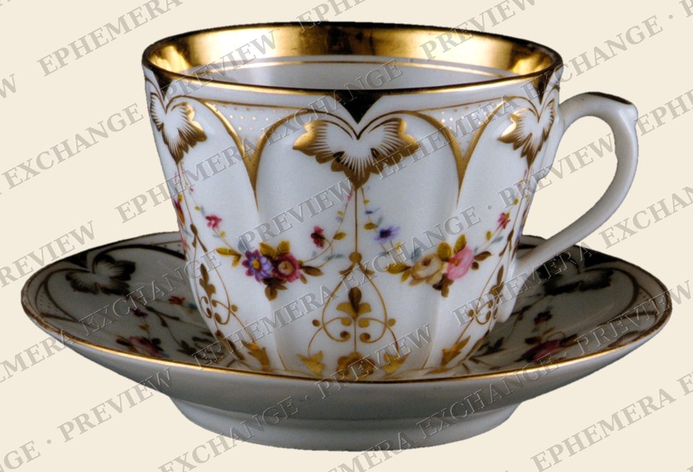Gilded floral coffee cup, vintage coffee illustration (watermarked preview)