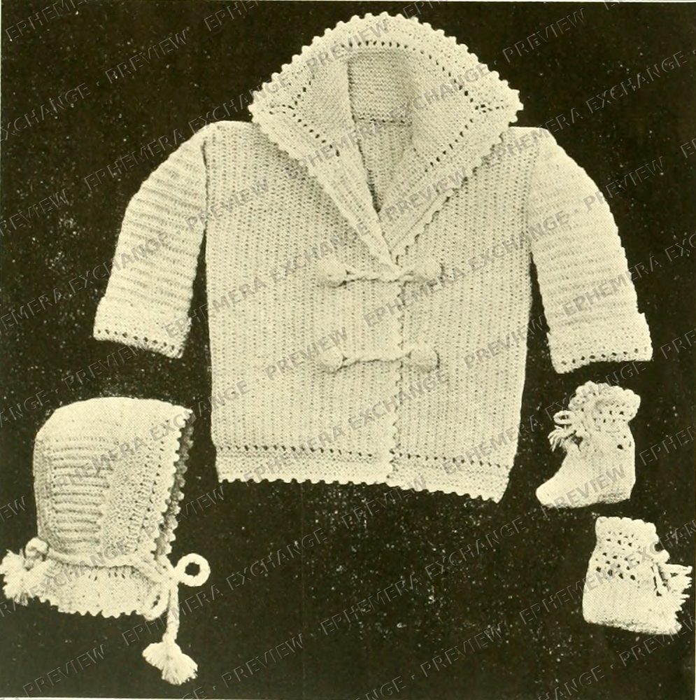 Vintage 1919 knitting photograph: baby knit set jacket cap bootees