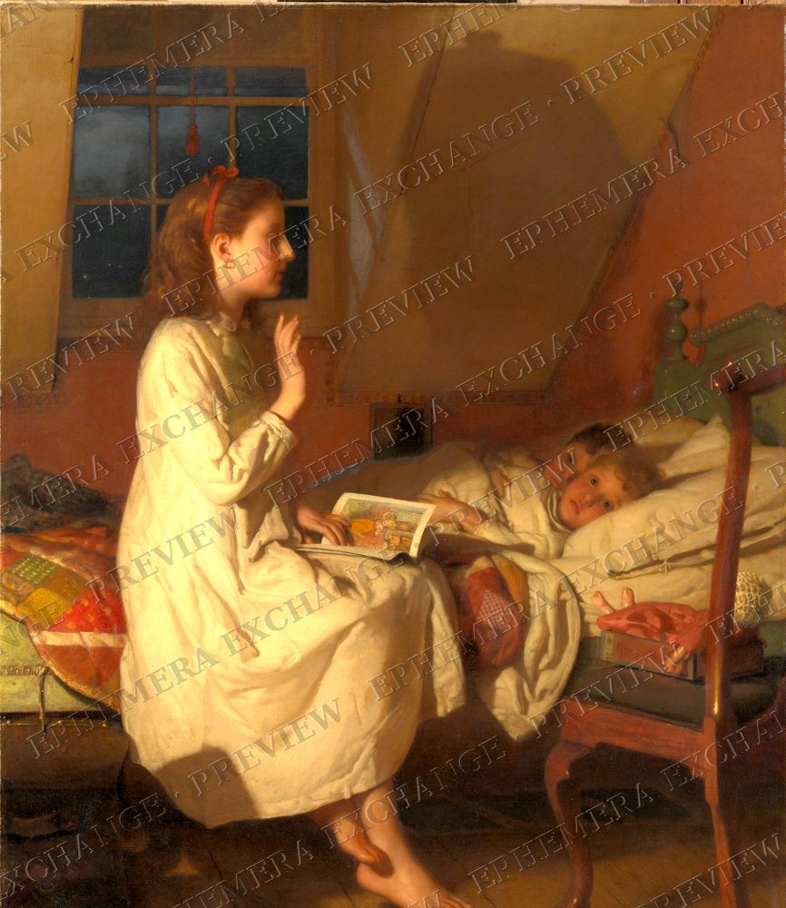 Girl reading a bedtime story, vintage illustration of reading (watermarked preview)