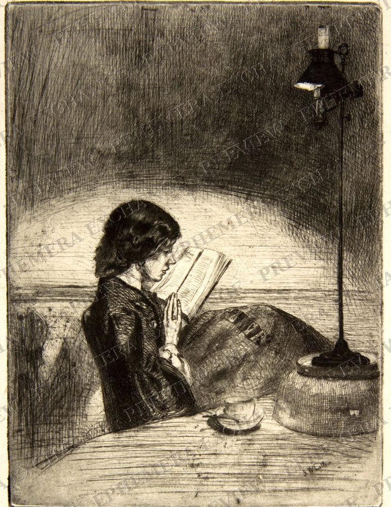 Reading by lamplight, vintage illustration of reading (watermarked preview)