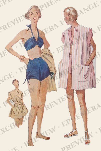 Vintage 1950s fashion illustration: two piece bathing suit and beach coat