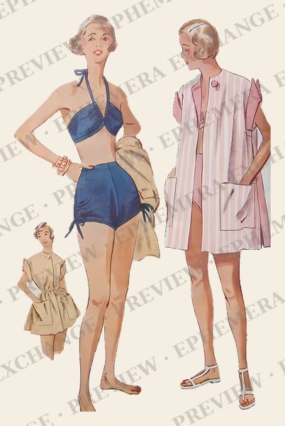 Vintage 1950s fashion illustration: two piece bathing suit and beach coat