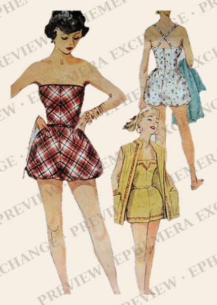 Vintage 1950s fashion illustration: plaid strapless playsuit and coat