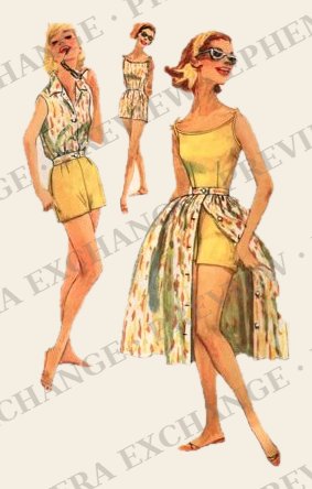 Vintage 1950s fashion illustration: playsuit and sunglasses