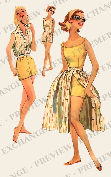 Vintage 1950s fashion illustration: playsuit and sunglasses
